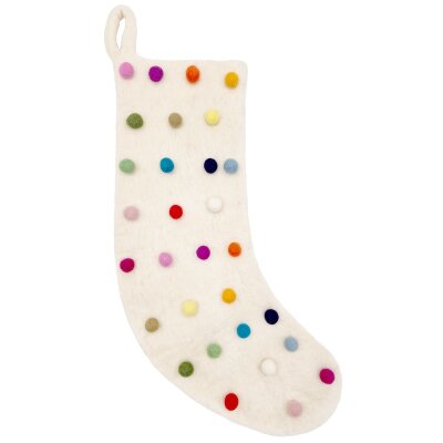 Filz Weihnachtssocke Nikolausstiefel weiß mit bunten Bommeln