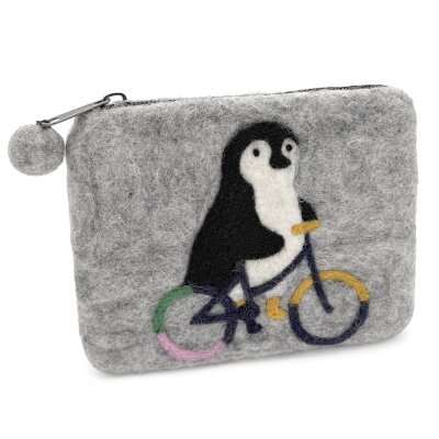 Felted Bag Penguin with Bicycle 15 x 12 cm