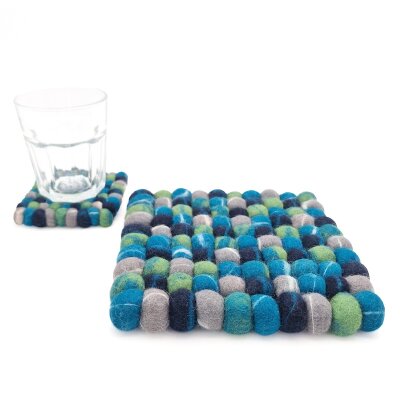 Topfuntersetzer 16 cm Filzkugeln tie dye petrol viereckig